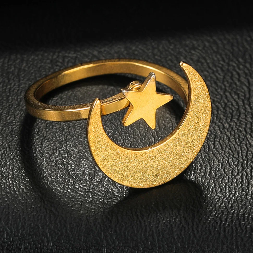 Fashion Gold Color Frost Star Moon Opening Rings For Women Charm Finger Wedding Party Jewelry