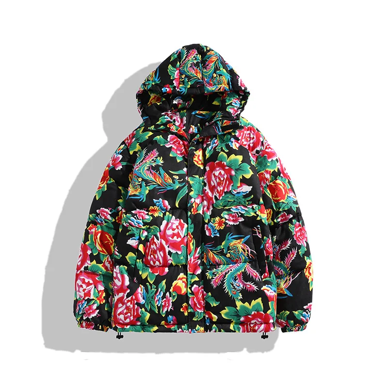 Winter Hooded Warm Jackets Men Floral Chinese Style Cotton Padded Thick Outwear Mens Zipper Casual Hooded Parkas Plus Size