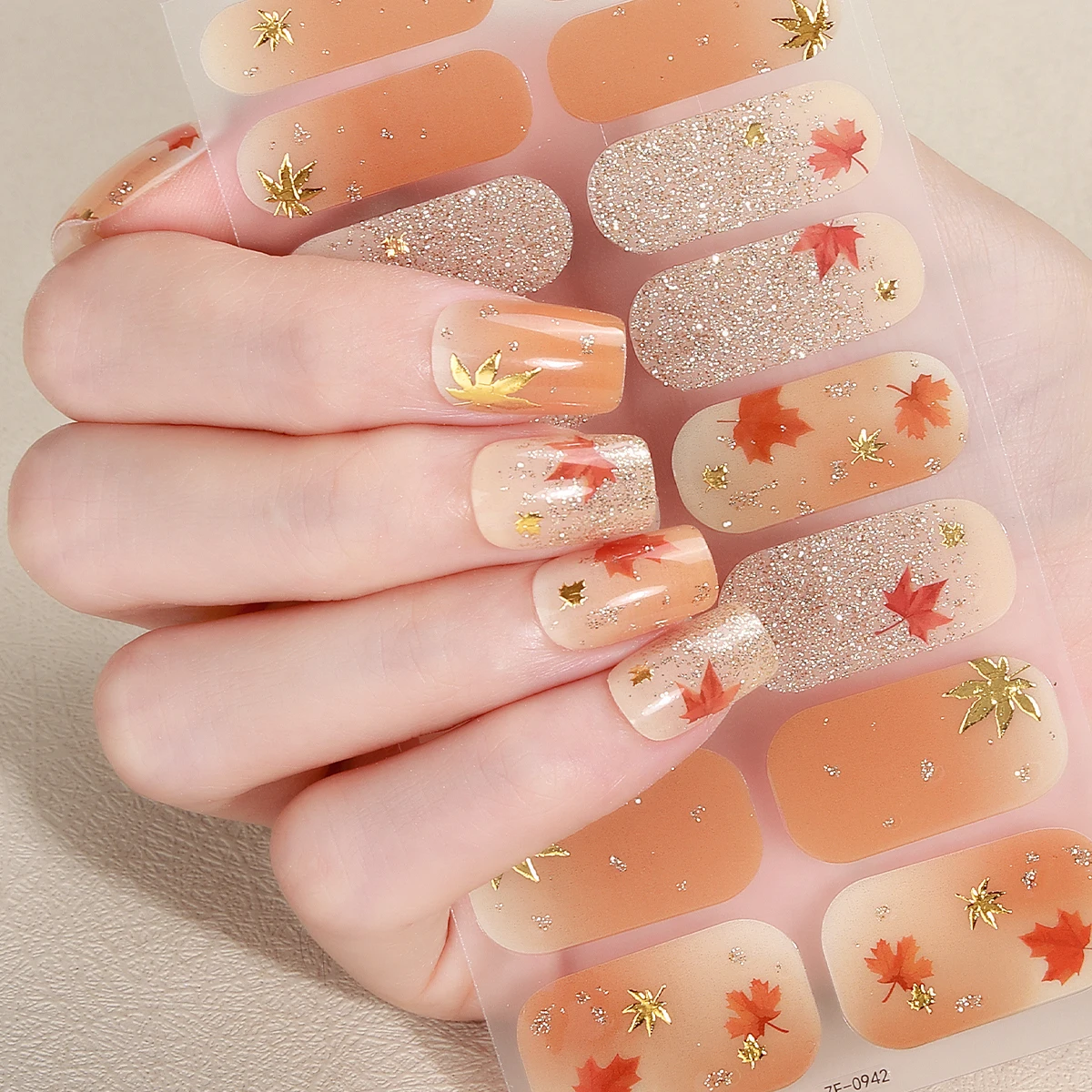16種類のDIYベーキング不要ネイルステッカー、光沢のある花と葉の粘着ネイルストリップ、パッチスライダー、フルカバーネイルデコレーションデカール