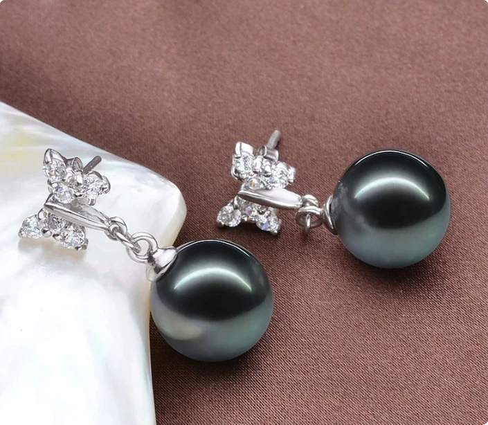 A Pair of Exquisite AAAAA Oversized 10-11mm Tahiti Black round Pearl Earrings 925s Sterling Silver Post Back