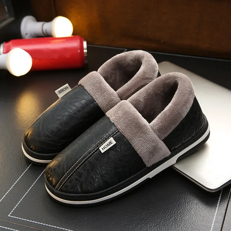 Big Size 50 51 Men Slippers Winter Warm PU Leather Waterproof Indoor Home Slipper Furry Shoes Couples Flats Bedroom Plush Slides