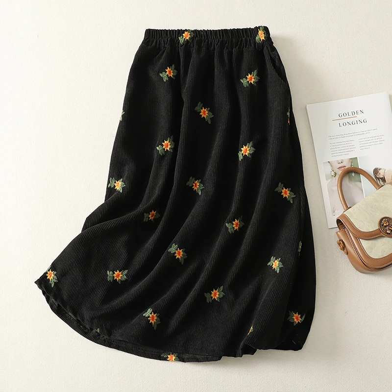 レディースAラインシフォンスカート刺繍入りコットンベルベット秋冬ロング傘スカート通勤カジュアルミッドウエストデザイン
