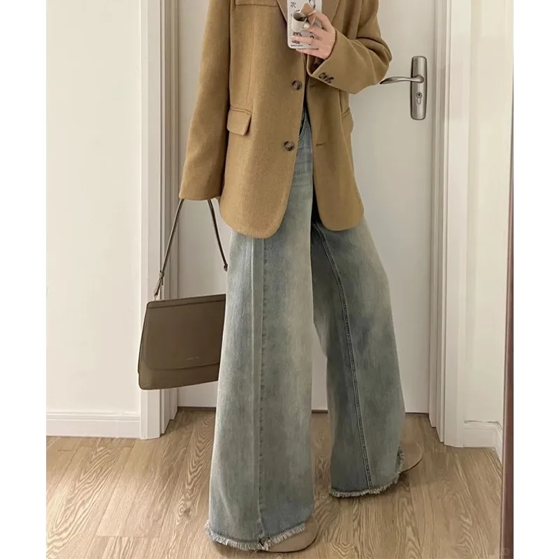 جينز نسائي ريترو أمريكي عالي الخصر وواسع الساق لربيع 2026 تصميم جديد فضفاض مستقيم القطع بنطلون مقاوم للارتداء من القطن...