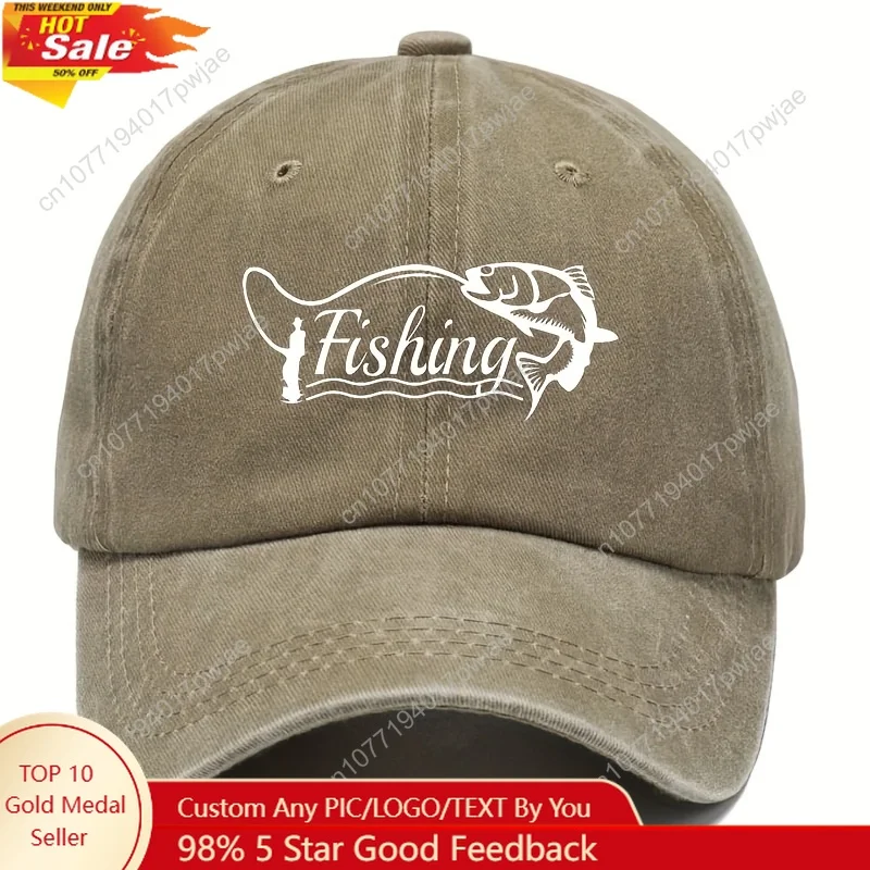 

[New Vintage Baseball Cap] Adjustable New Vintage Washed Baseball Cap | Distressed Fishing Letter Print, Mixed Colors, Woven Fab