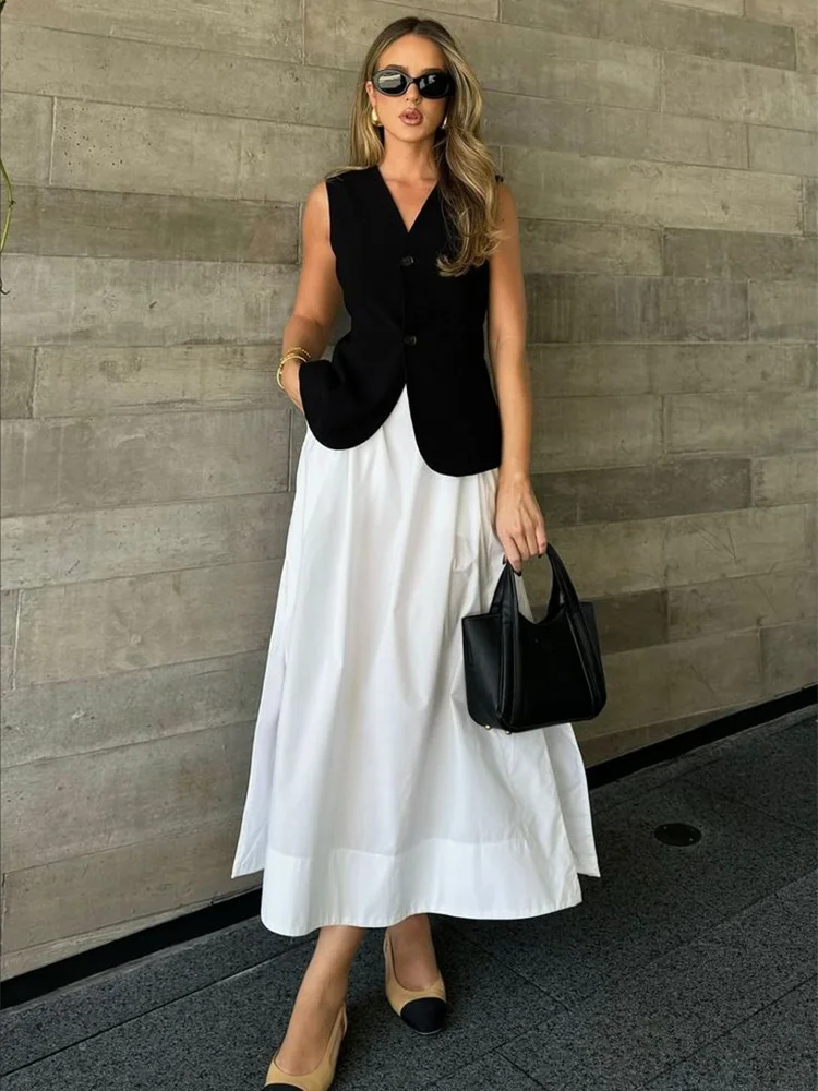 

Women's Black Vest And White Midi Skirt Two-Piece Set Stylish Button Front Sleeveless Round Neck Vest And Slit A-Line Skirt
