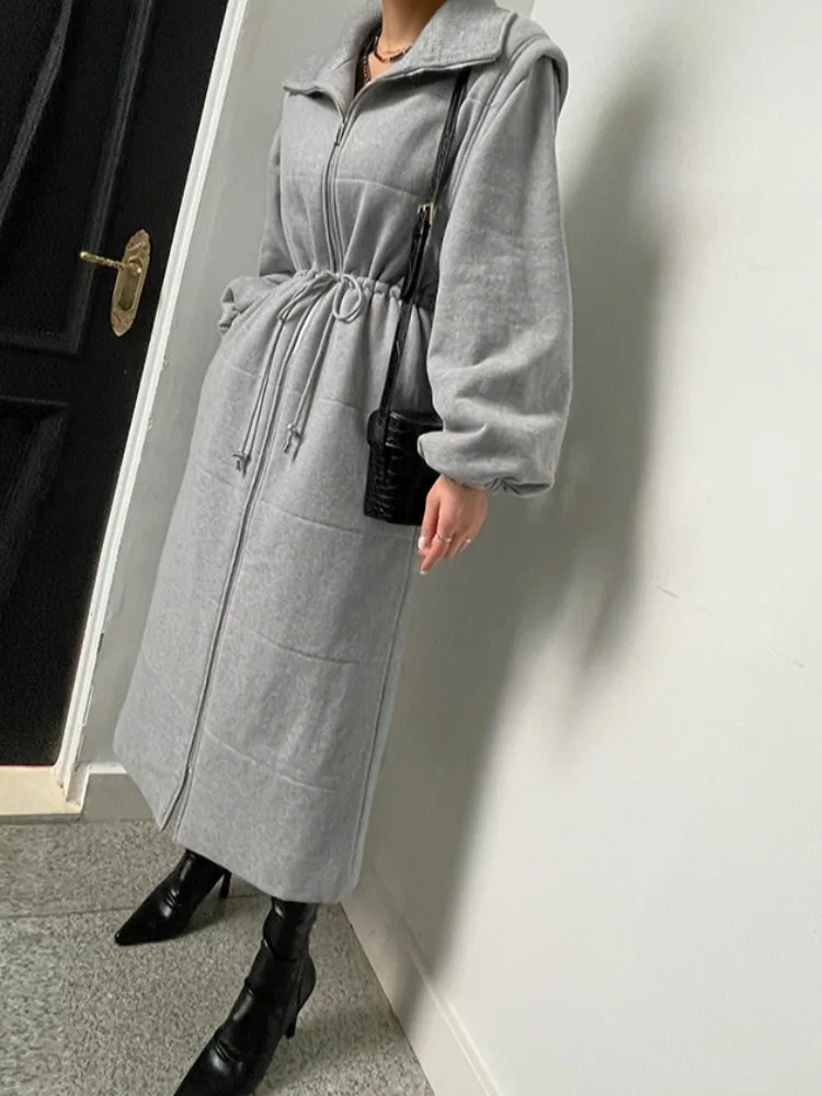 

Толстовка Ele с высоким воротником и подкладкой Fce, женское зимнее новое длинное пальто на молнии, длинное пальто для поездок на работу