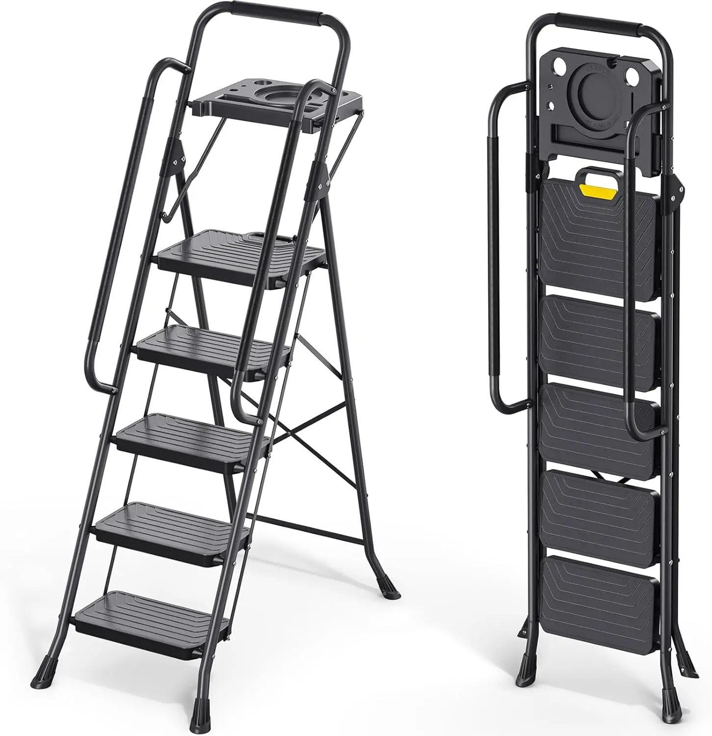 5 Step Ladder, Sturdy Steel Step Stool with Anti-Slip Wide Pedals, Handrail, Safe-Lock Design, Pass 800lbs Load Testing, Folding