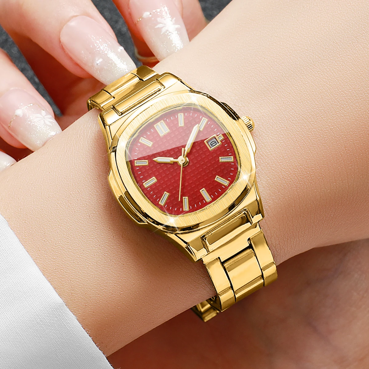 Fashion Red Grid Dial Women Calendar Watch Stainless Steel Strap Business Quartz Wristwatches Relogio Feminino (Without Box)