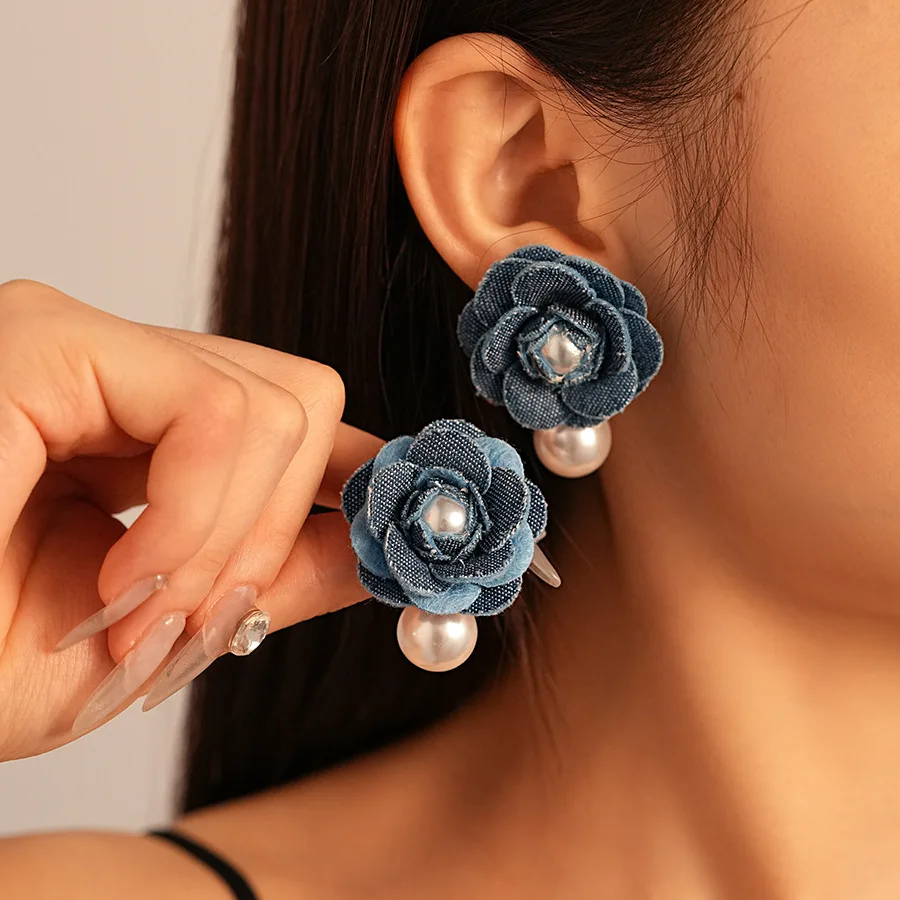 Trendy Denim Blue Fabric Pearl Flower Stud Earrings for Women Sweet Rose Earrings Versatile Wedding Party Jewelry Gifts - Image 2