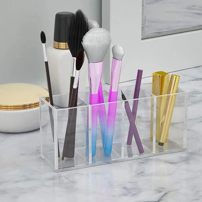 Acrylic 4-Grid Pen Holder Plexiglass Rectangular Makeup Brush Storage Box Office Stationery Storage Rack Cosmetic Storage Box