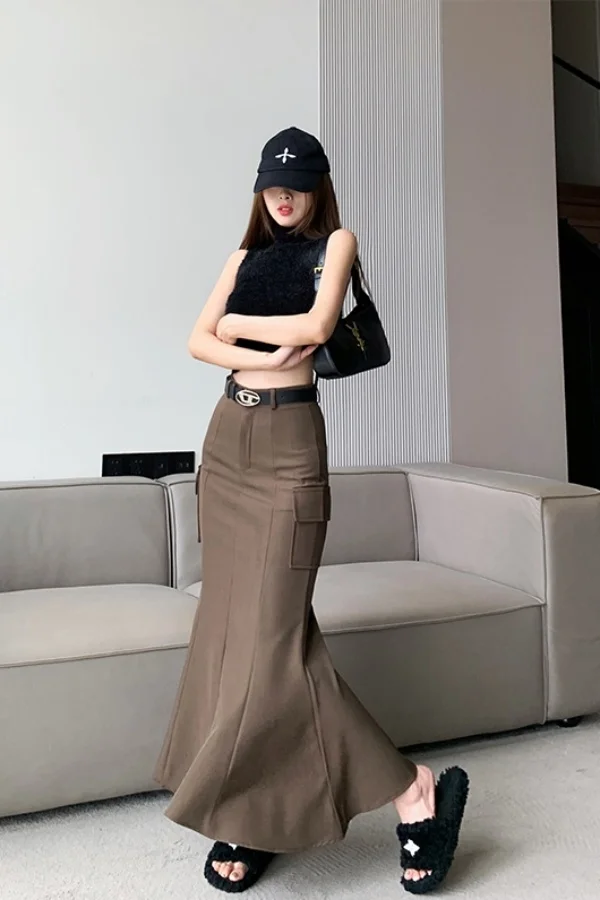 

Early Autumn High Waist Tailored Skirt for Women Loose Fit Slim Fit Workwear Pocket Detail Mermaid Style Slit Skirt Midi Skirt