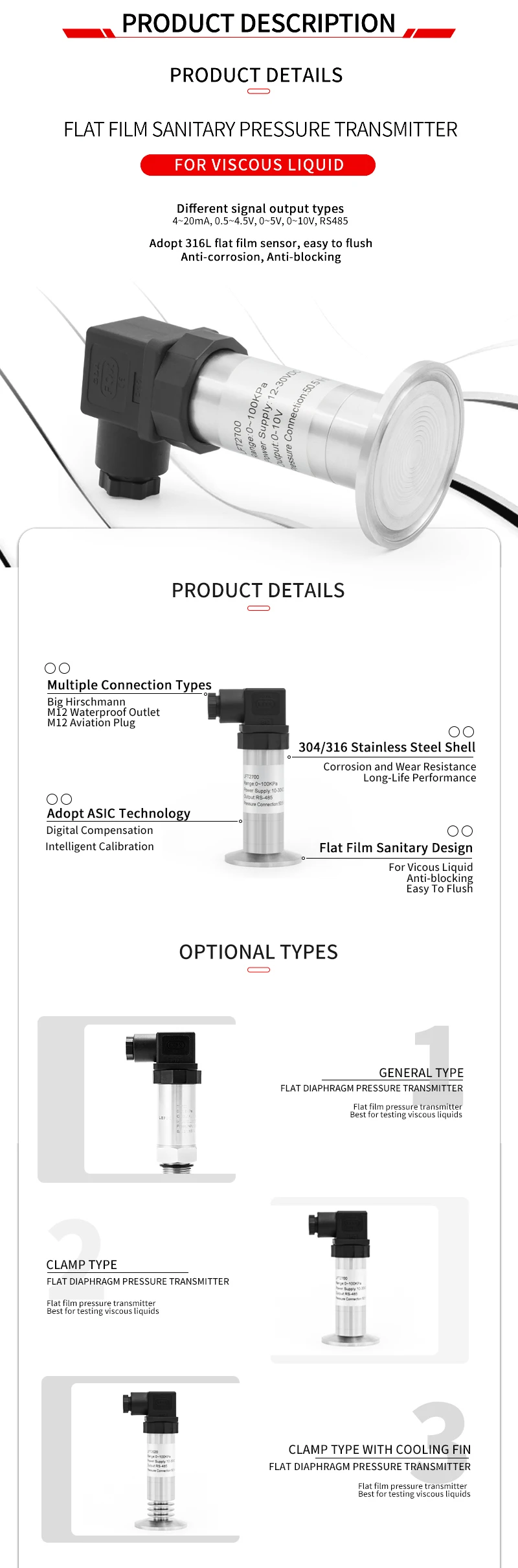 Clamp Type Anti-blocking Flush Diaphragm Pressure Transmitter Sensor Silicon Flat Film Sanitary Pressure Transducer Sensor