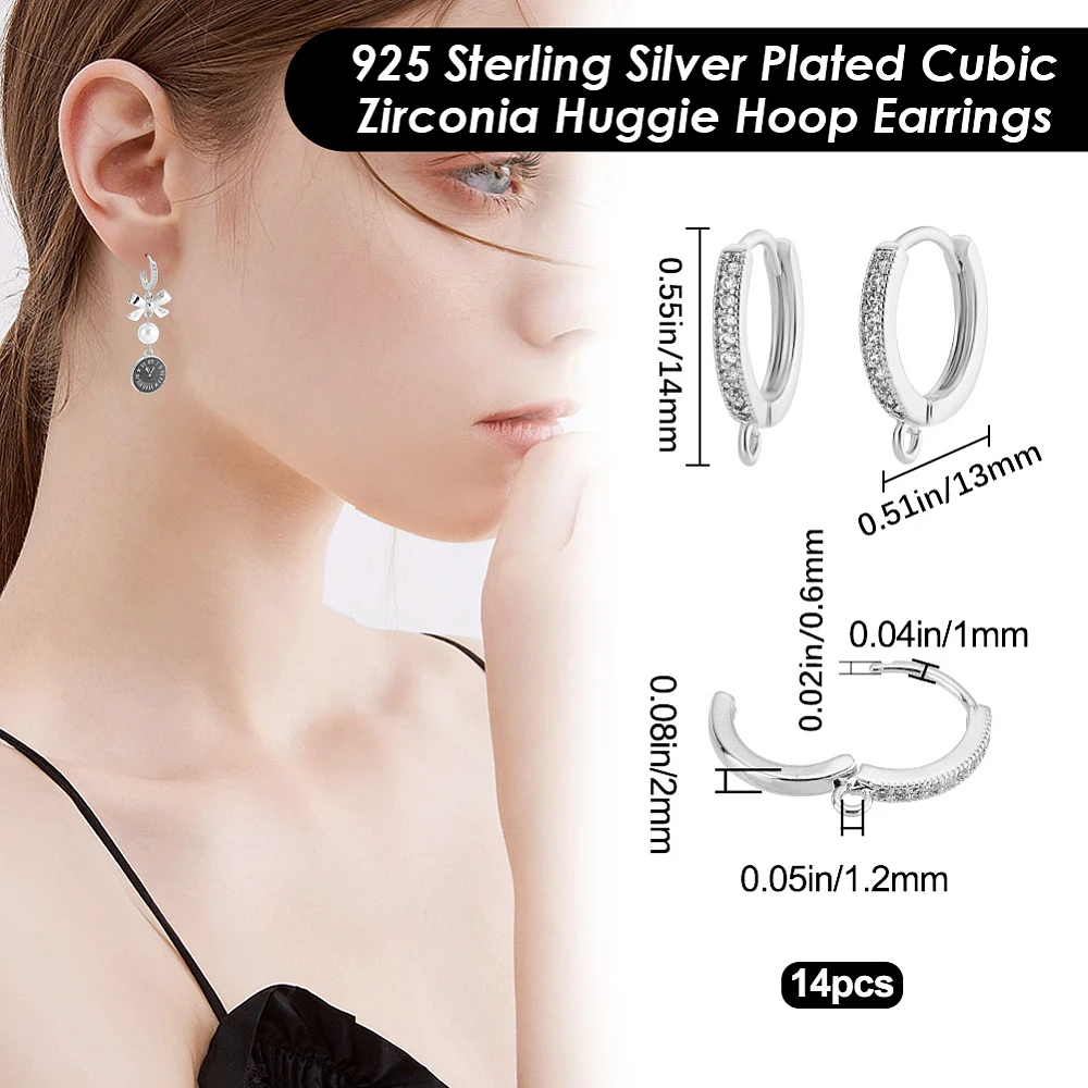 1 Box 14Pcs Cubic Zirconia Hoop Earring Findings 925 Sterling Silver Plated Brass Huggie Hoop Earring Findings Round Leverback