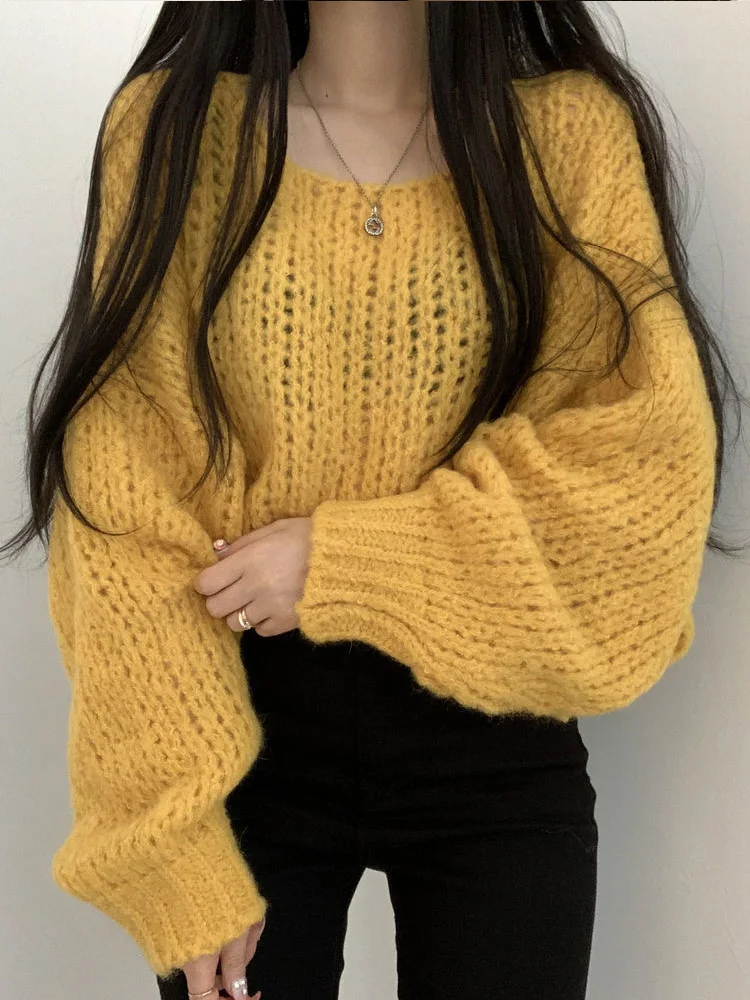 新しいファッション中空アウトプルオーバーニットセーター女性カジュアルルーズランタンスリーブ O ネックセーター秋冬ニット服