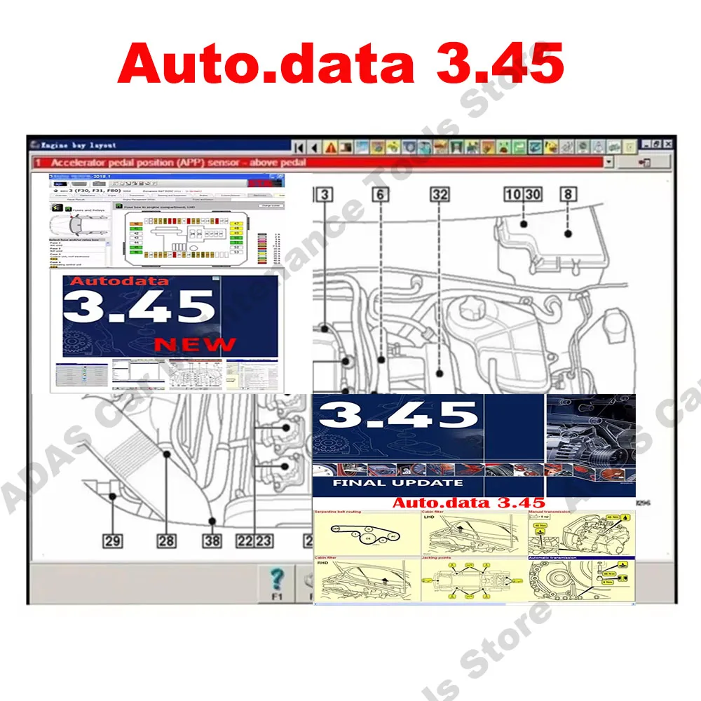 

Escáner OBD2 Autodata 3.45 con diagramas de cableado y herramientas de mantenimiento del coche, actualizado al año 2014.