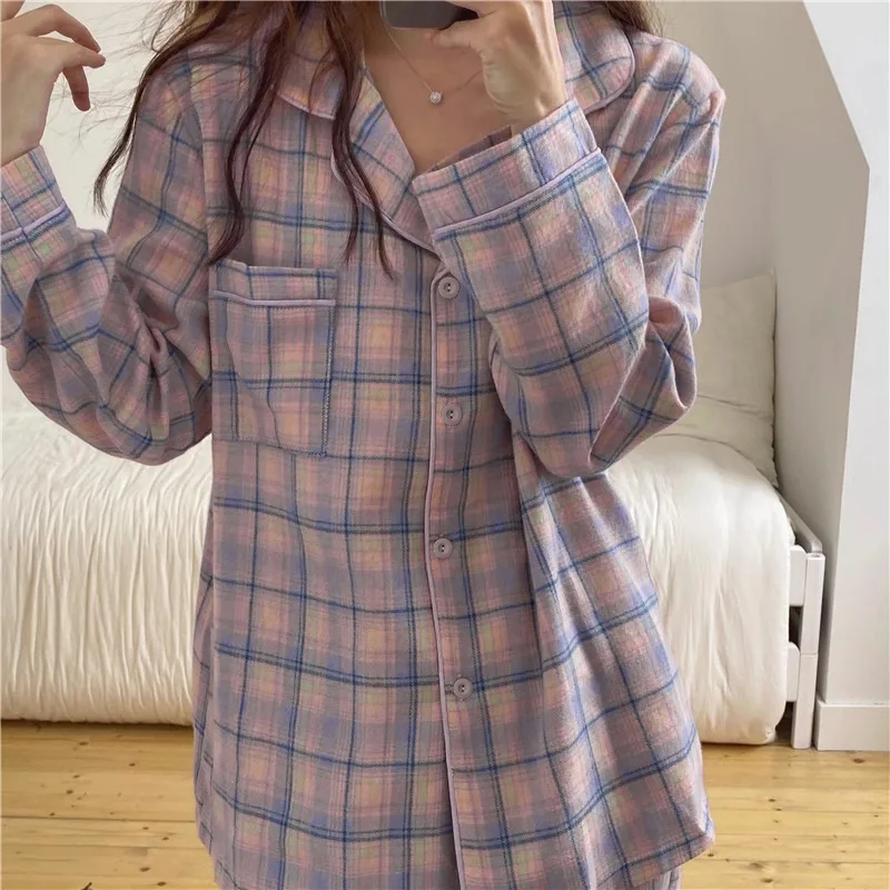 Minimalist ische und lässige Mädchen Pyjamas Frühling Herbst dünne Revers Cardigan Home Kleidung lila karierte Freizeit Nachtwäsche für Studenten