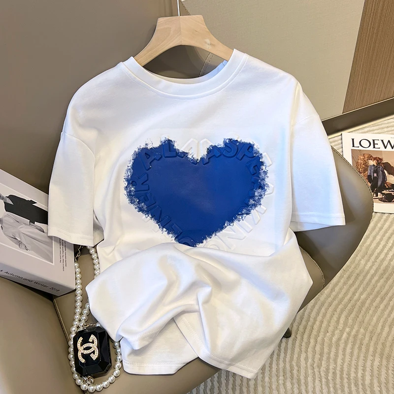 

2022 Summer New Embossed Love Heart Printed Love T-shirt Women's Mid-length Loose Casual Short-sleeved Top Kawaii Graphic Tees