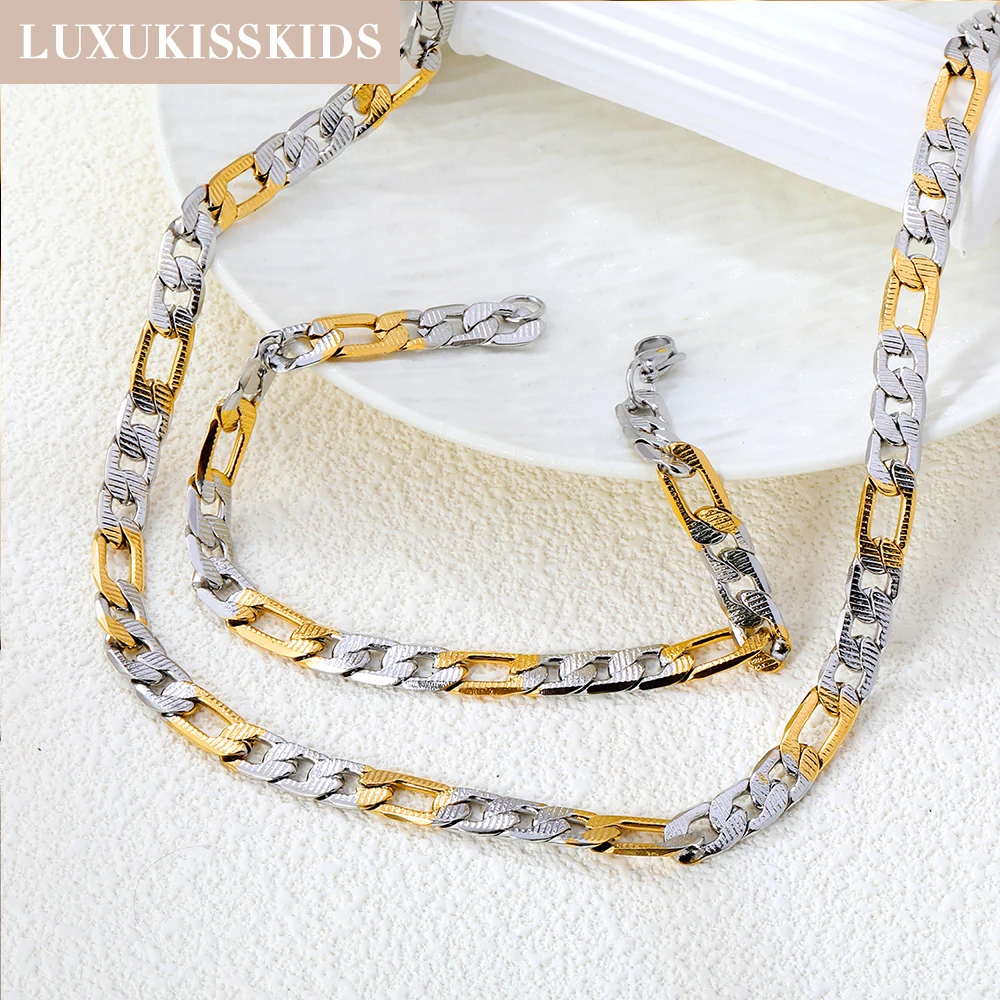 LUXUKISSKIDS Kubanische Gliederkette Halsketten Armbänder Set für Männer/Frau 6/8/10mm Gold Farbe Edelstahl Kette Punk Schmuck Geschenke