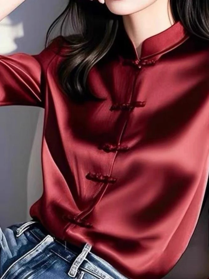 

New Chinese Sle Purple Silk Women's irt Spring 2025 Vintage Button Stand Collar Long Sve Top Comfortable Regular Fit