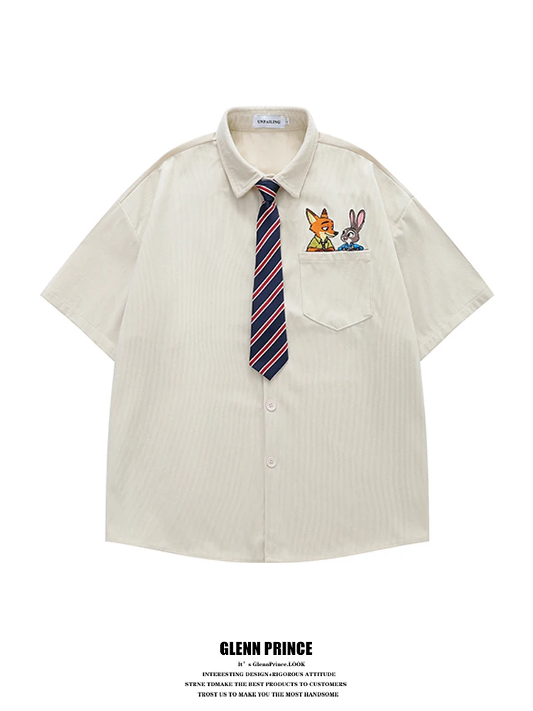 

GPstudio Japanese College Style Short Sleeve Embroidered Tie Shirt Youthful Summer Polyester Fiber Loose Fit Boys Clothing