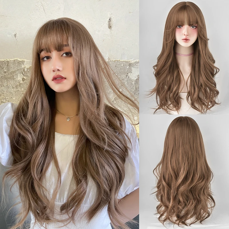 

Honey Brown Synthetic Loose Body Wavy Brown Hair for Women Heat Resistant Fashion Wave Wigs with Neat Bangs