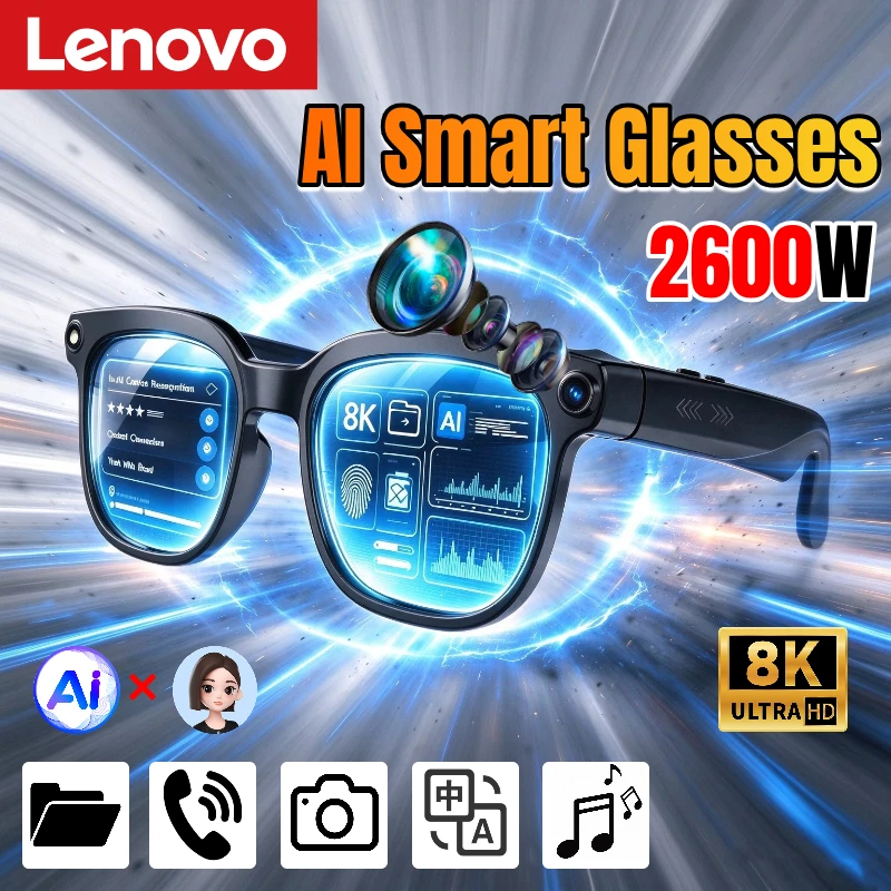 Lunettes intelligentes Lenovo 8K avec IA, traduction 2600W, conversation Bluetooth, enregistrement, écoute de musique, lecture de cartes, lunettes de soleil intelligentes