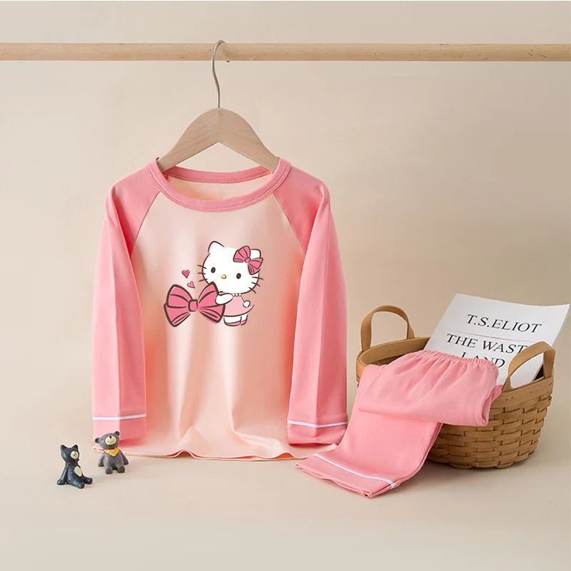 Hello Kitty Kids Boys Girls Pajama Sets Autumn Children's Sleeping Clothing Cotton Pyjamas Print Long Sleeve Pants Sleepwear