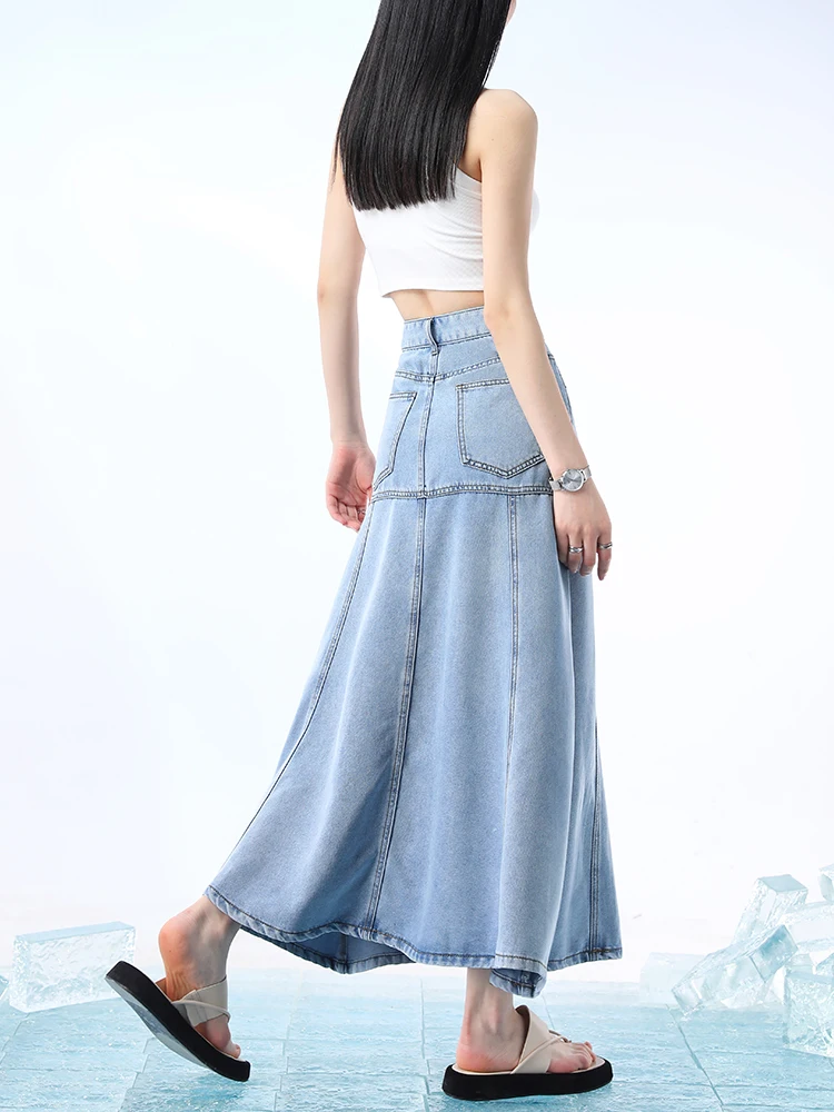 

High Waist Midi Denim Skirt Women's Summer Fren Slimming Umbrella Skirt Hippis Versatile Sle Pure Color