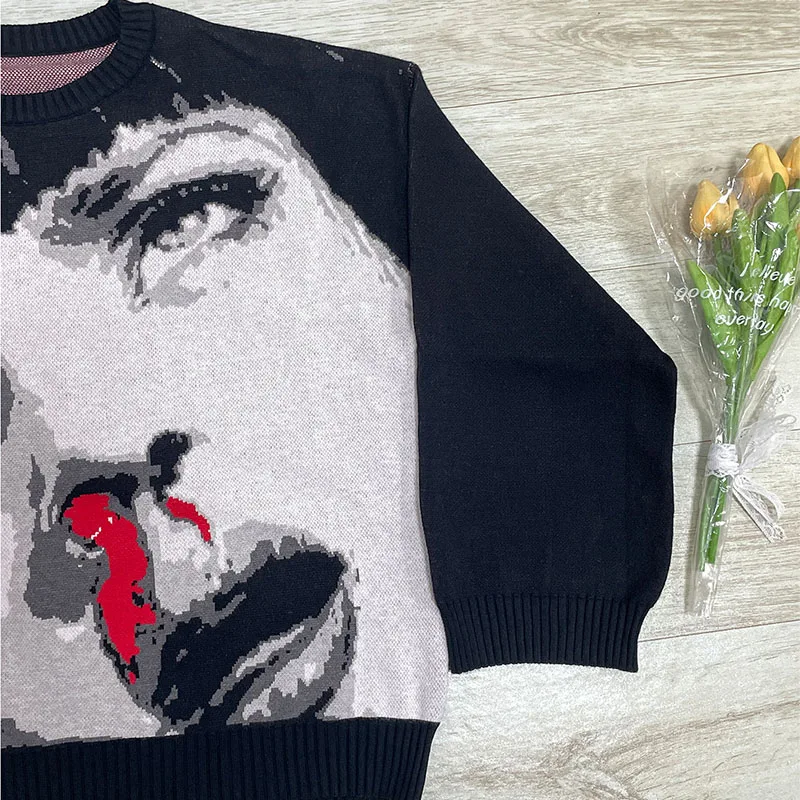 

Oversized Black Sweater Women's Loose Knit Y2k Portrait Print Pullover Autumn Thick Round Neck Shirt Emopunk Street Wear