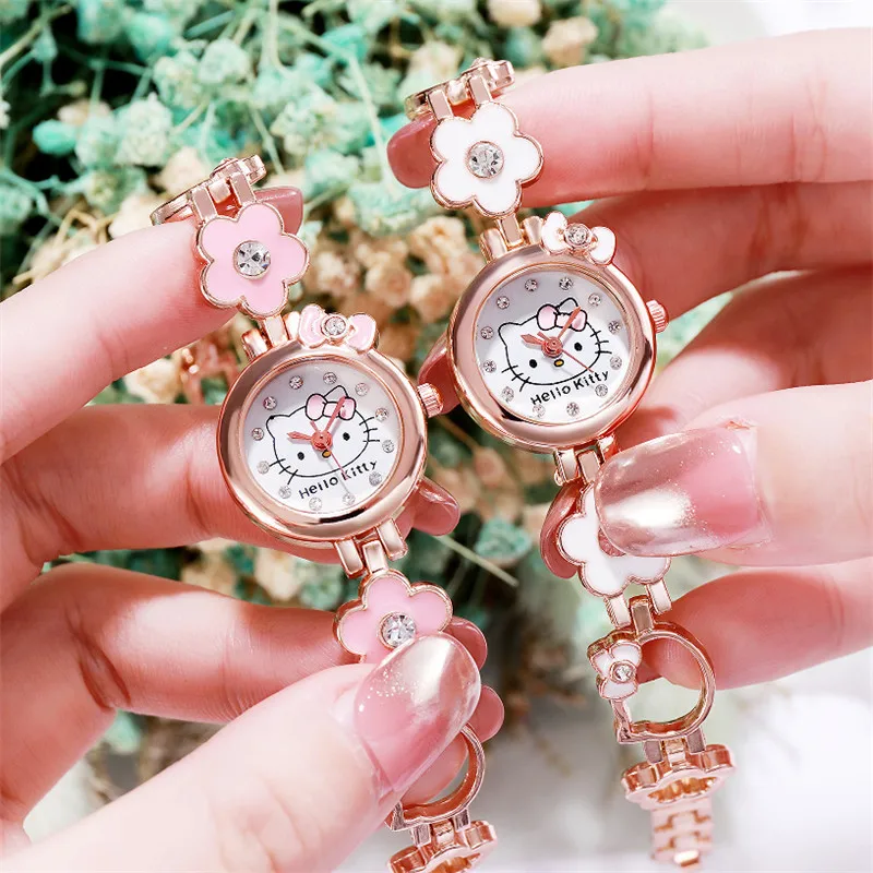 Sanrio Kawaii Hello Kitty Wristwatch Cute Children Watch Girl Bracelet Steel Ms Watch Women Students Sound Watch Kids Gif