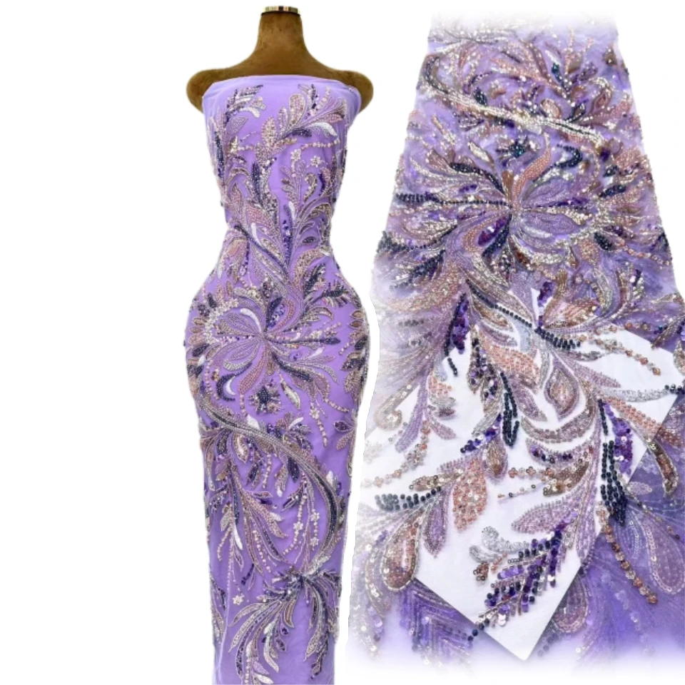 

Latest African Sequin Lace Fabric 2026 High-Quality French Nigerian Beaded Lace Fabric Bridal Wedding Party Dress Sewing 1813
