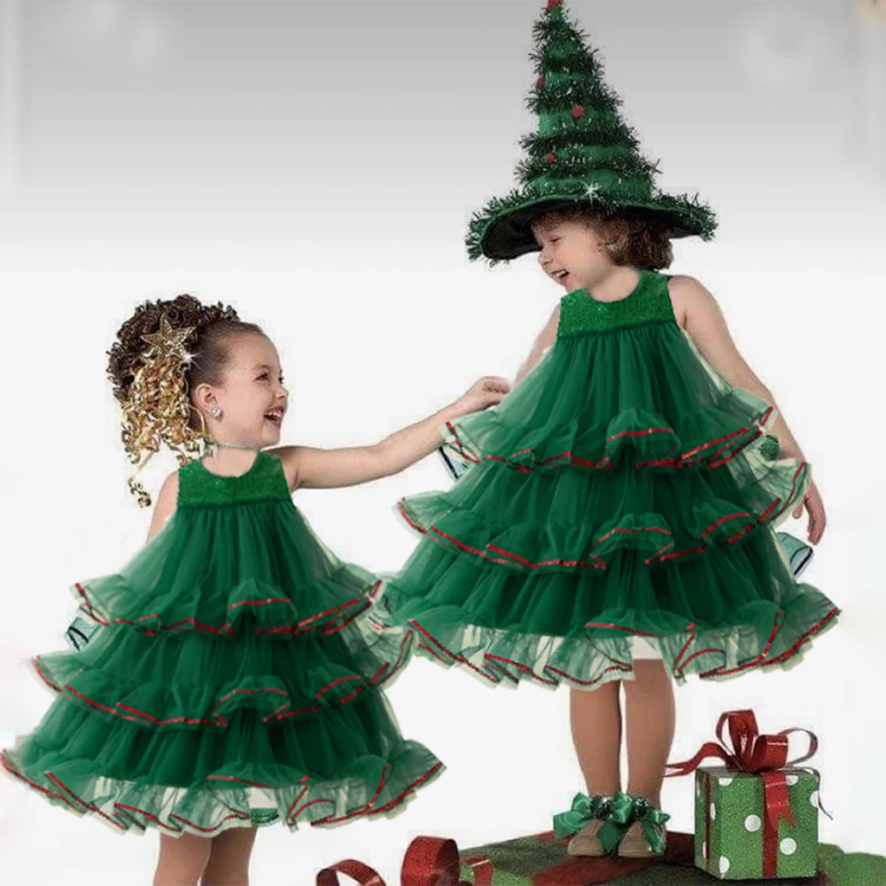 Christmas Green Lace Party Dress For Baby Girls Lace Fluffy Christening Dresses Girl Festival Carnival Costumes Kids Halloween