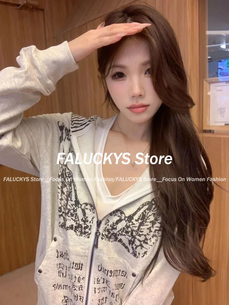 2024 Grunge Print Slim Waist Y2k Hoodies Hooded Autumn Zip Up Sweatshirts Vintage Women Clothing Casual Fashion Long Sleeve Tops