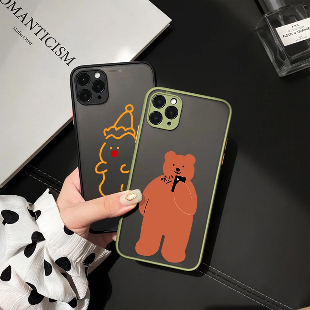 Phone Case For iPhone 15 Pro XS Max 14 7 8 6 6s Plus SE 11 12 13 Mini X XR Teddy Fashion Bear Cute Black Translucent Cover