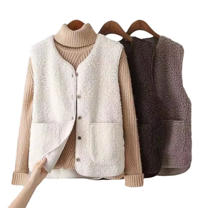 

Women's Fleece Padded Button Vest Coat Solid Color Polar Fleece Warm Sleeveless Vest with Pockets Fashion Joker Waistcoat