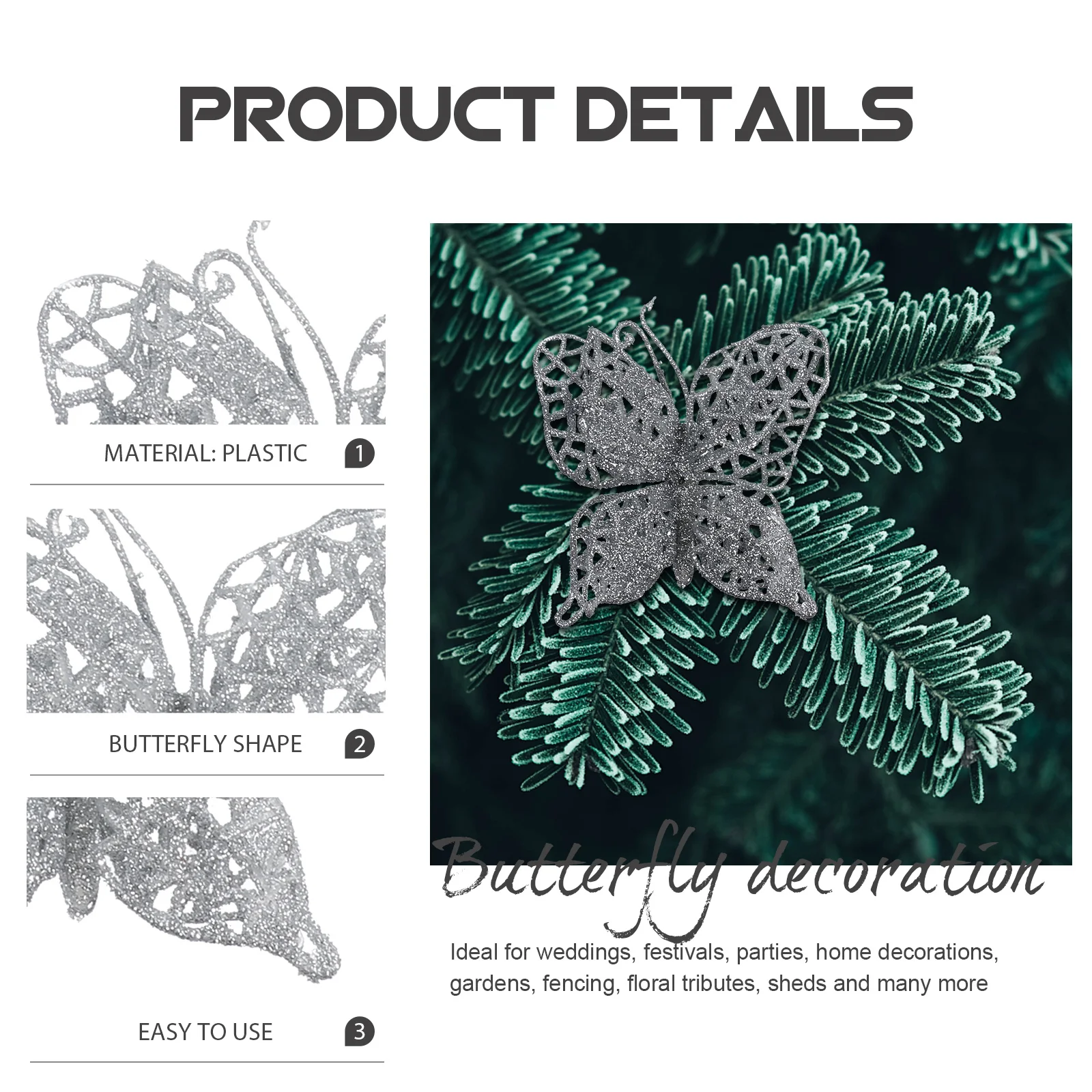 

6Pcs Christmas Butterfly Decorations 3 8cm Silver Ideal for Wedding Festival Party Christmas Tree Table Decoration