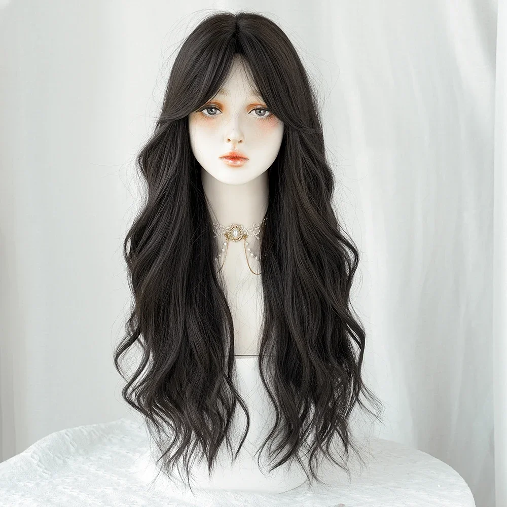 PARK YUN synthetic Long Wavy ombre Dark brown wigs for women Cosplay Daily Party Dark brown Wig Lolita Heat Resistant Fiber