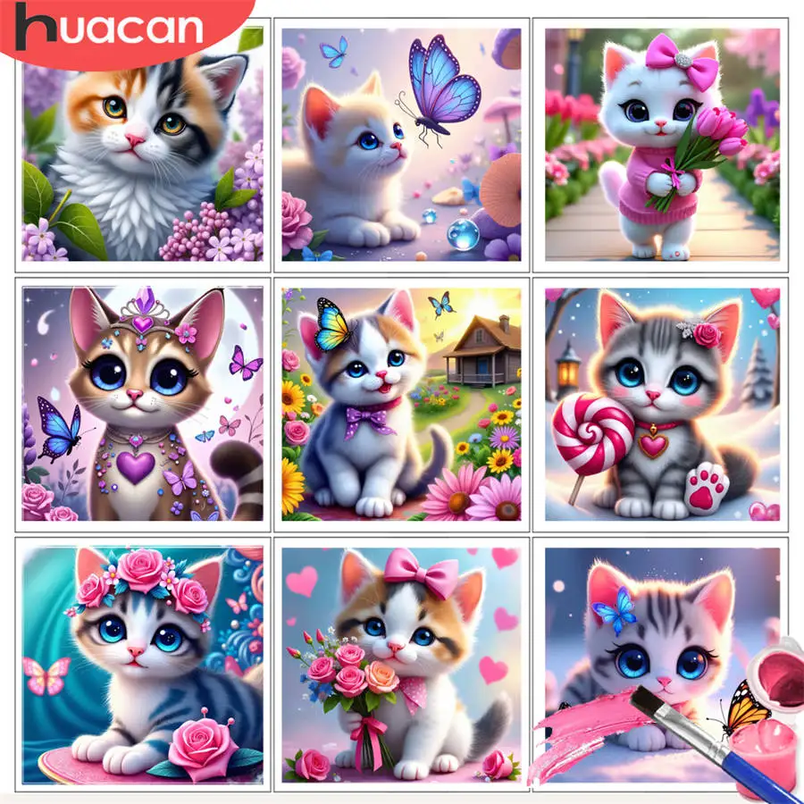 HUACAN Malen nach Zahlen-Kits, flauschige Katze, umgeben von lila Blumen, Kunst, DIY, Ölzeichnung, Tier-Heimdekoration
