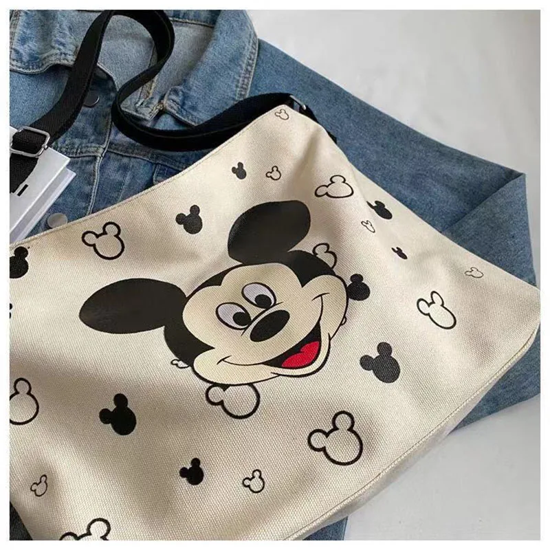 Sacola Disney grande capacidade para mulheres, carta kawaii Mickey Mouse, bolsa de ombro para meninas, bolsa de desenho animado