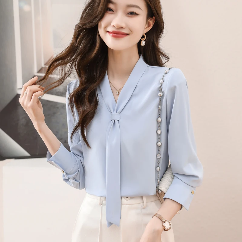 

Blue Chiffon Shirt Womens Tops V-Neck Long Sleeve Blouses 2023 Autumn Shirts for Women Bow Loose Elegant Blouse Women Clothing