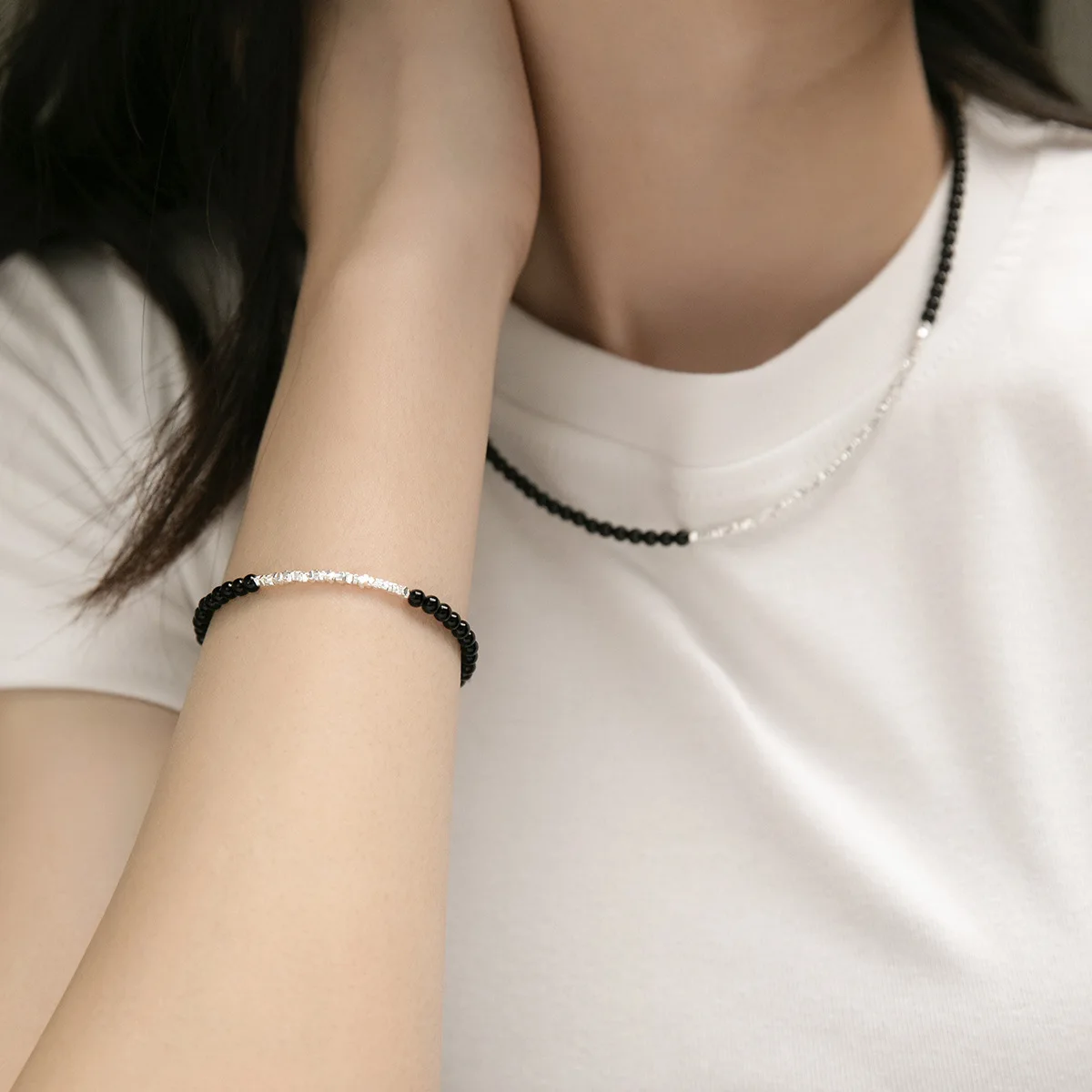 La Monada 15+4.5cm Irregular Bead Bracelets For Women Silver 925 Synthesis Black Onyx Sterling 925 Silver Women\'s Bracelet