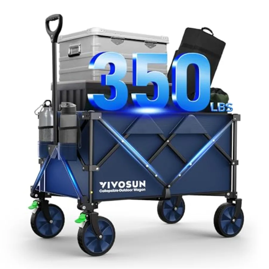 

Складная тележка-вагончик с грузоподъемностью 350 фунтов, универсальная уличная тележка с бесшумными универсальными колесами, держателями для стаканов, боковыми карманами, регулируемая