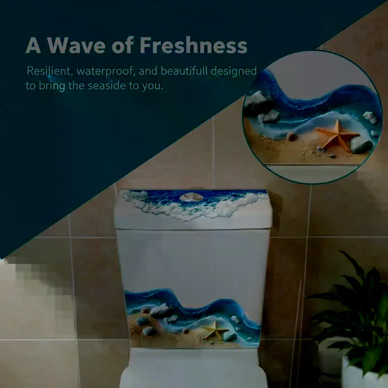 3D Toilet Tank Decor Sticker Self Adhesive Waterproof Ocean Beach Starfish Seashell Print for Household Bathroom