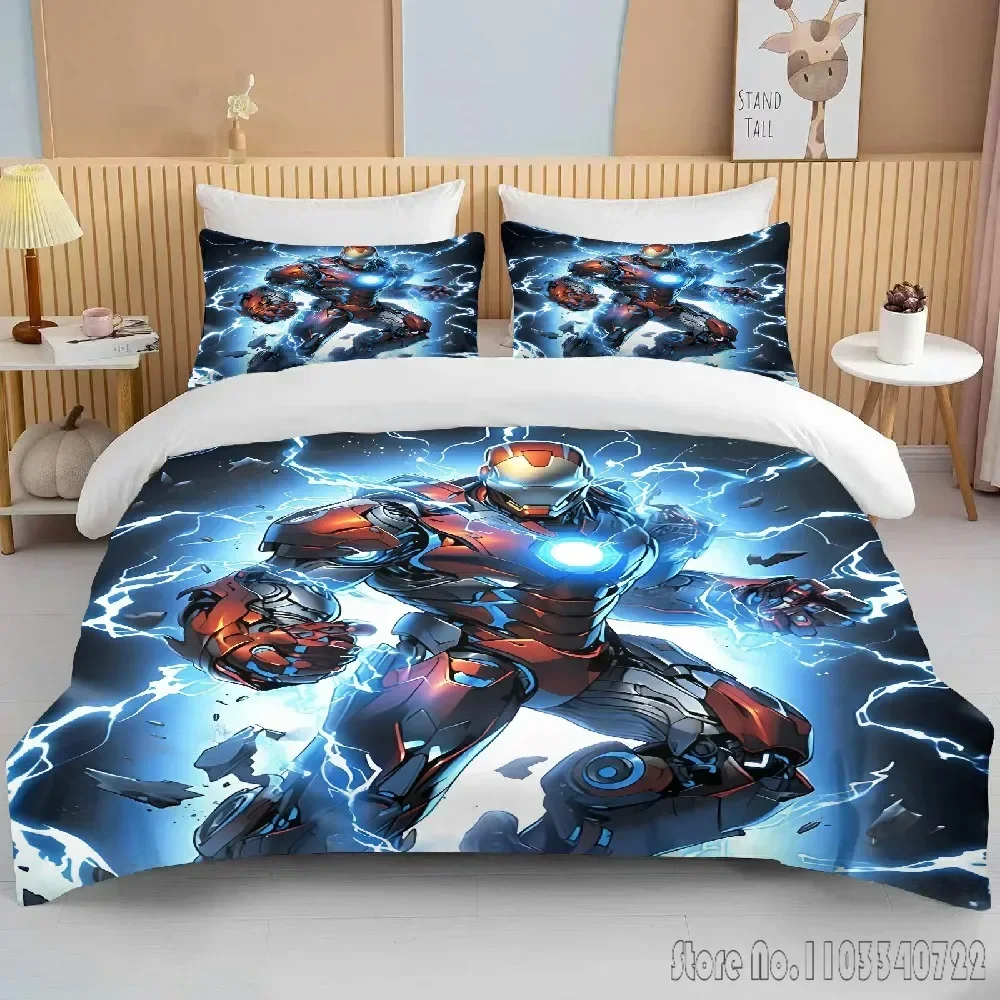 Anime Marvell Iron Man Printed Soft Bedding Set Duvet Cover Anime Quilt Adult Kids Birthday Gift Full Size Bedding Set Luxury