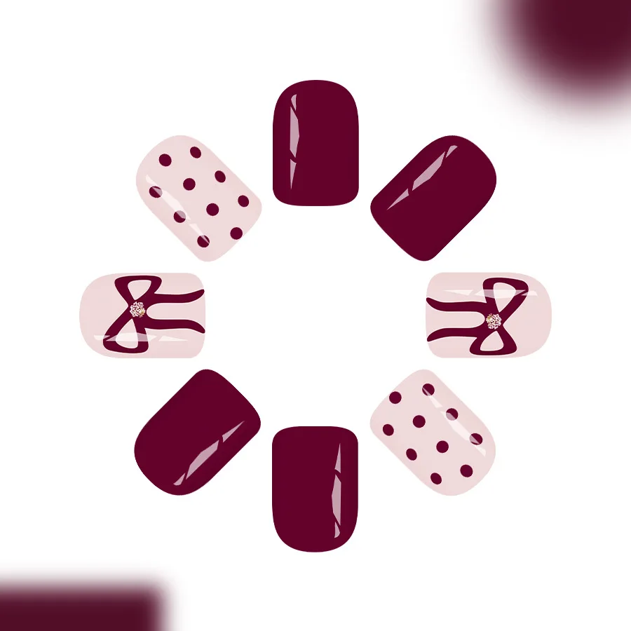Faux ongles carrés courts à pression pour femmes, 24 pièces, points de vin rouge brillant, nœud à paillettes, mignon, doux, automne et hiver