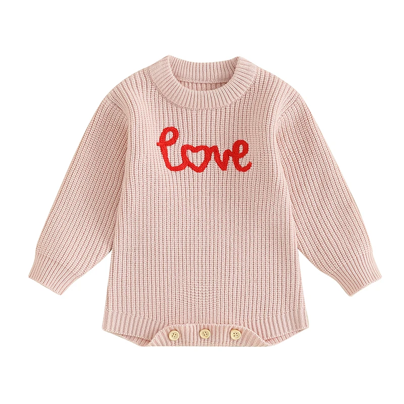 

0-18M Newborn Baby Girls Valentine's Day Romper Long Sleeve Crew Neck Letter Embroidery Sweater Romper Clothes