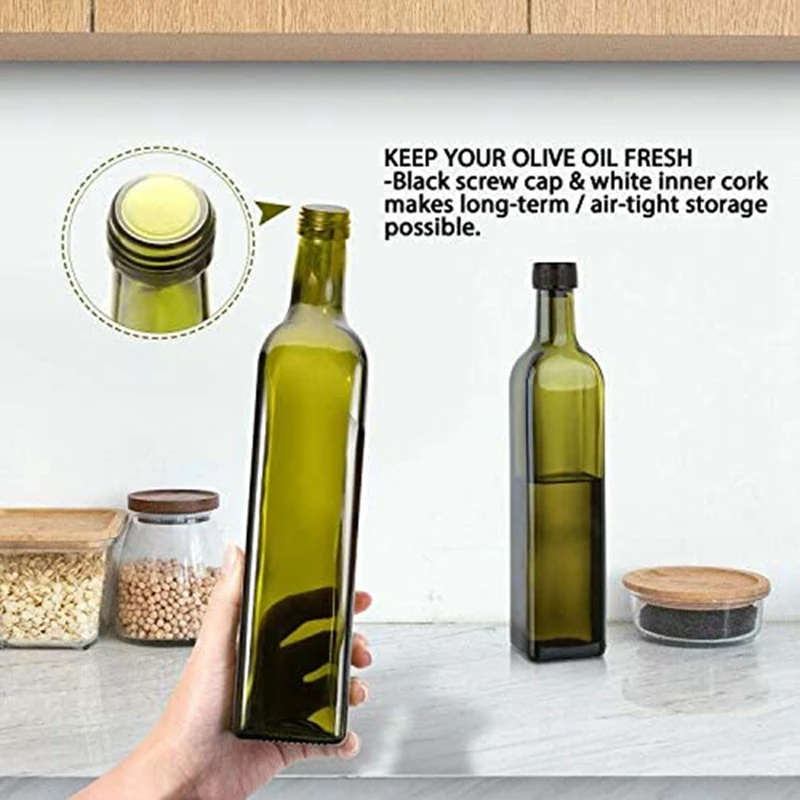 Glass Olive Oil Bottle-500 Ml Green Oil And Vinegar Bottle With Pourer And Funnel-Olive Oil Carafe