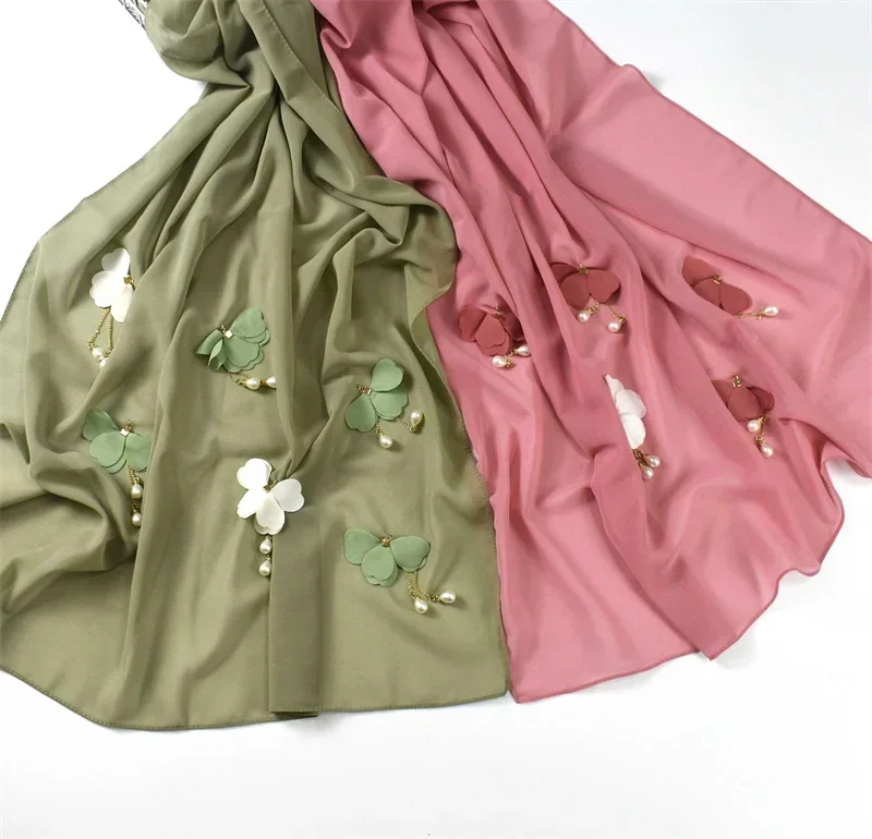 Latest Plain 70*170CM Chiffon Scarf Shawl Muslim Women Solid Color Butterfly Pearl Chiffon Hijabs With Pendant شحن مجاني