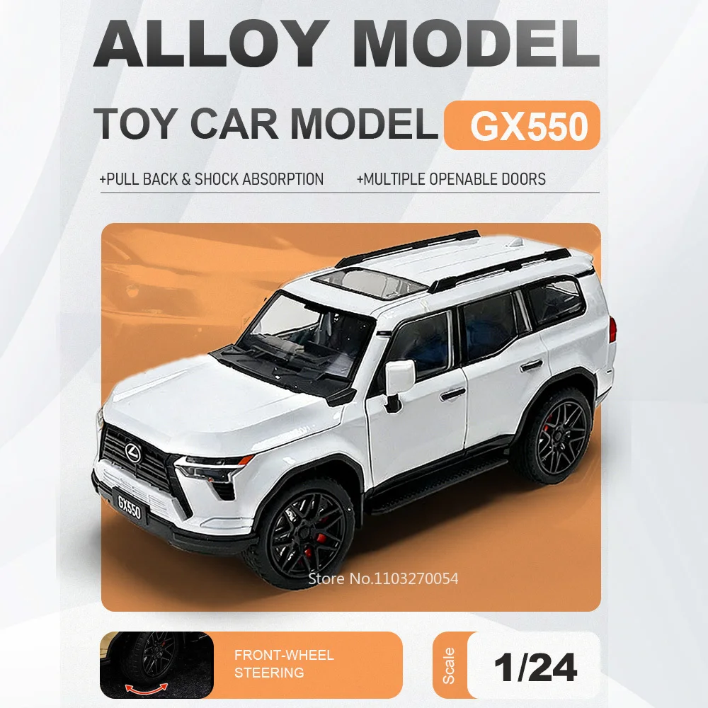 

Машинка-игрушка 1:24 GX550 Prado, внедорожник из сплава, модель с четырехколесной подвеской, звуком и светом, откатным механизмом, подарок на день рождения для мальчика