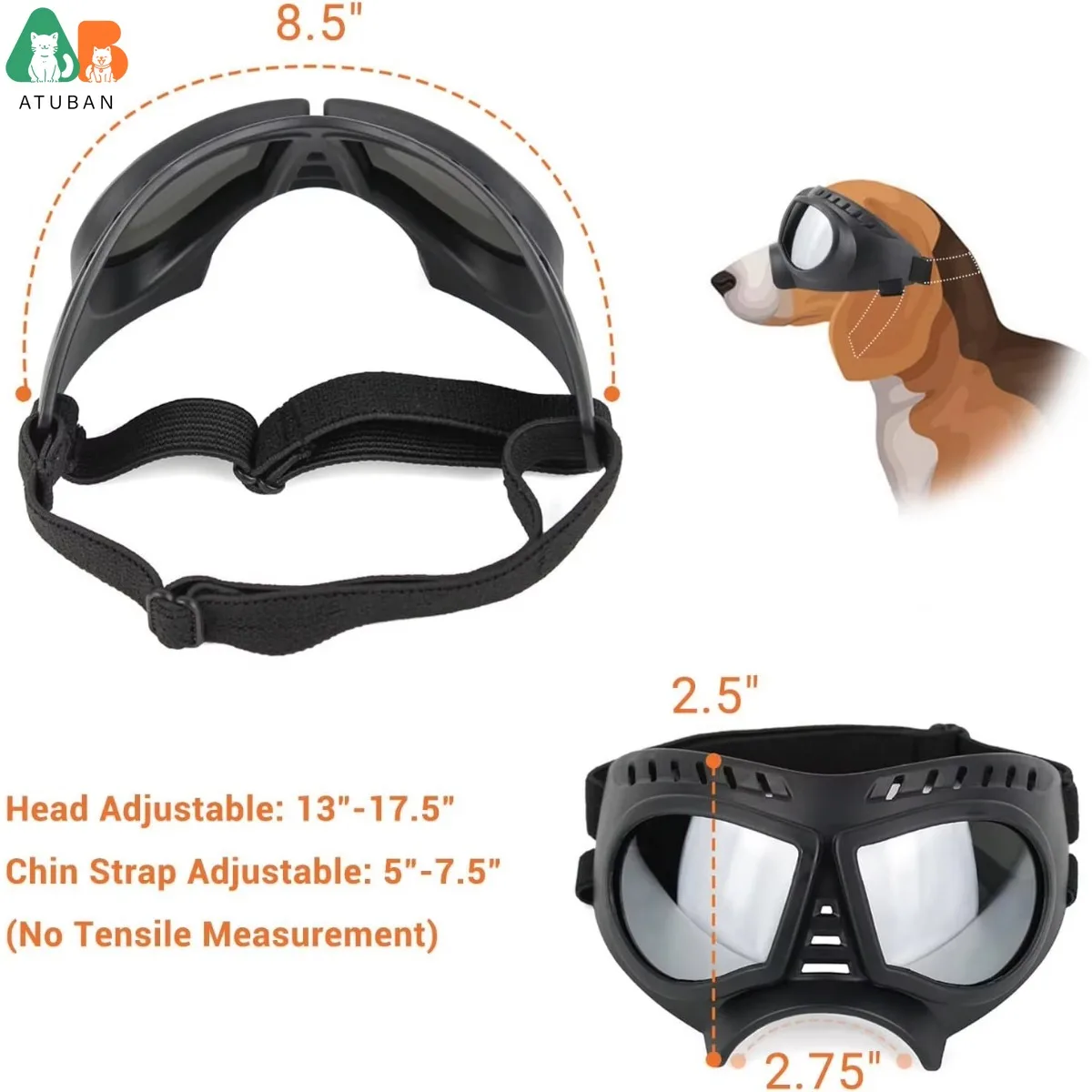 ATUBAN Gafas para perros Gafas de sol para perros de área grande, Gafas para perros de protección ocular a prueba de viento y nieve de razas grandes para conducir al aire libre en bicicleta